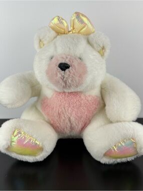 Vintage 1993 Mattel Ice Tickle Teddy Bear White Pink Belly 9” Plush Iridescent